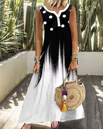 Casual Sleeveless Printed Gradient Button Long Dress