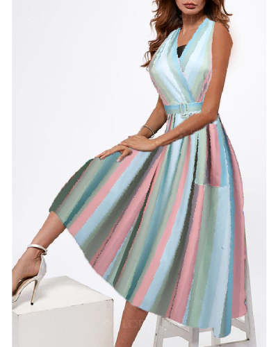 Colorful Off-Shoulder Nipped Waist Vintage Dress