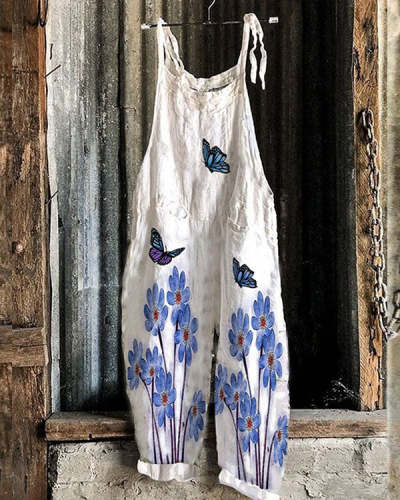 Casual Flower Butterfly Loose Fit Linen Jumpsuits