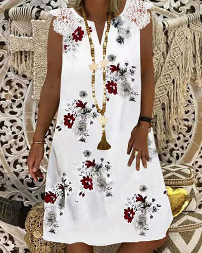Casual Printed V-Neck Lace Short Sleeve Dress