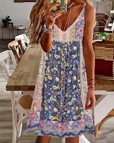 Casual Vintage Print Resort Slip Dress