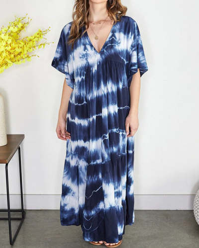 Tie Dye V Neck Casual Short Sleeve Knit Dress