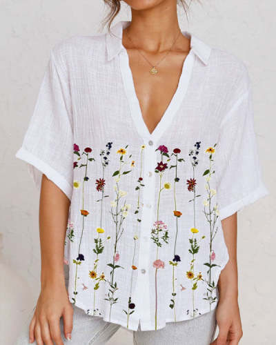 Casual Loose V-Neck Floral Print Short Sleeve Top