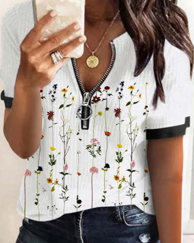 Casual Loose Floral Print Crew Neck Short Sleeve Top