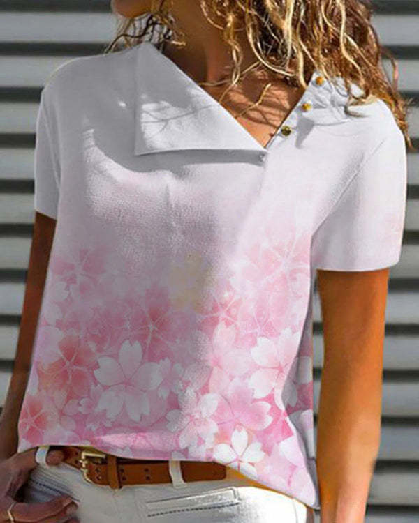 Casual Cherry Blossom Print V-Neck Short Sleeve Top