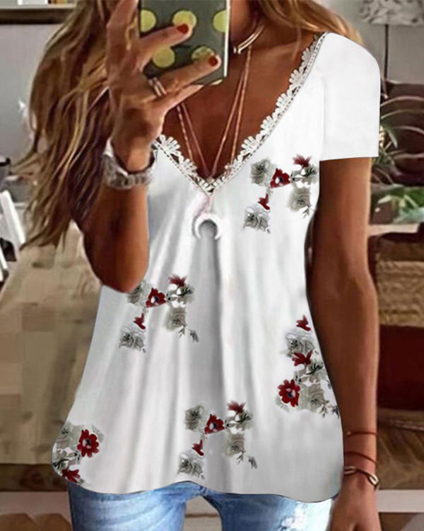 Casual V-neck Printed Short-sleeved Top
