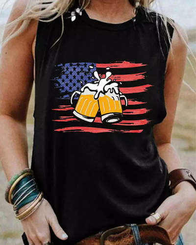 American Flag Beer Casual Round Neck Sleeveless Tank