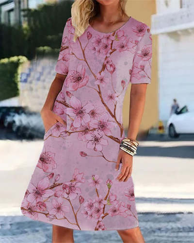 Pink Floral Casual Short Sleeve Round Neck Knee-length Dress