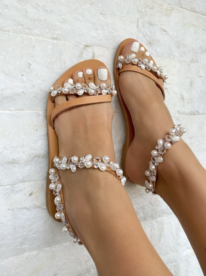 White Pearl Wedding Sandals, Crystal Sandals, Leather Sandals, Wedding Shoes, Made from Full Grain Leather.