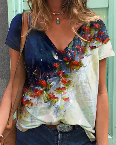 Women's Short Sleeve Abstract Floral V-Neck Top