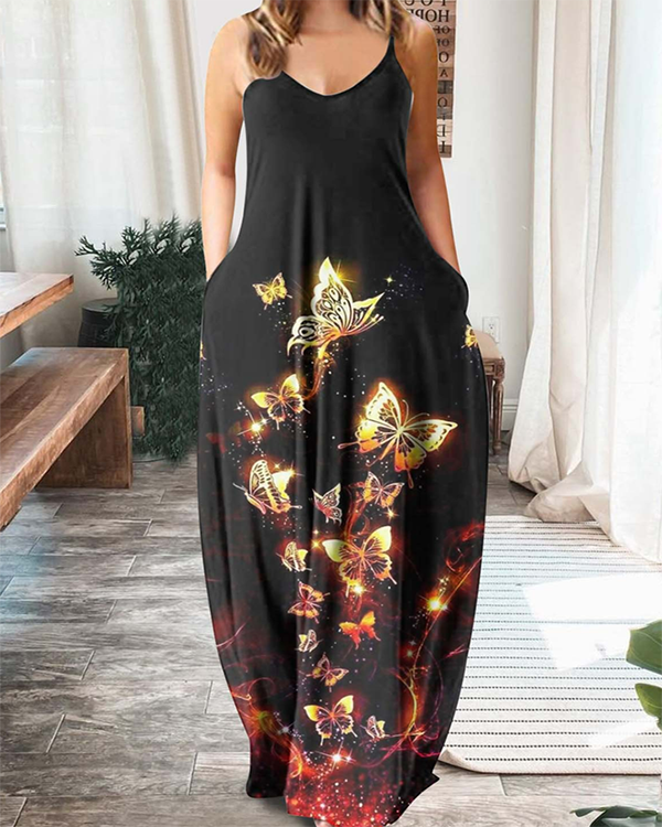 Casual V-neck Butterfly Print Sleeveless Maxi Dress