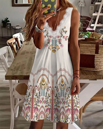 Floral Folk Style Pattern Printed Loose Lace Dress