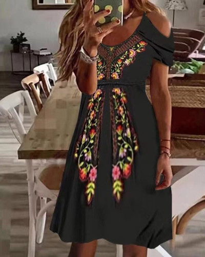 Casual Ethnic Print Off-the-shoulder Short Dress