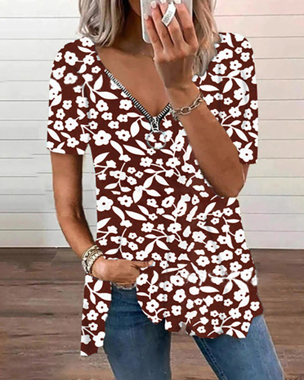 Casual Zip V-Neck Floral Short Sleeve Top
