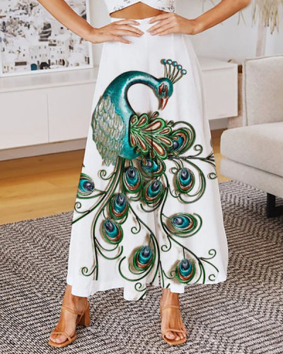 Women's Peacock Print Casual Loose Wide Leg Pants