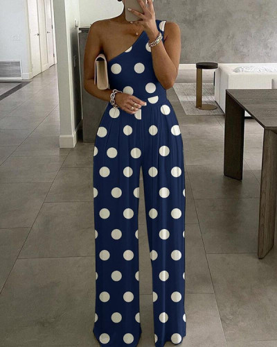 Commuter One Shoulder Simple and Comfortable Polka Dot Jumpsuit