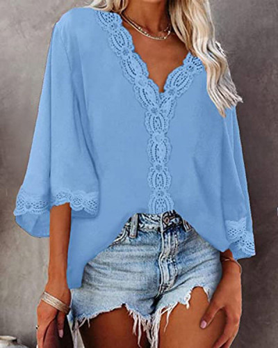 Flared Sleeve V-Neck Lace Loose Top