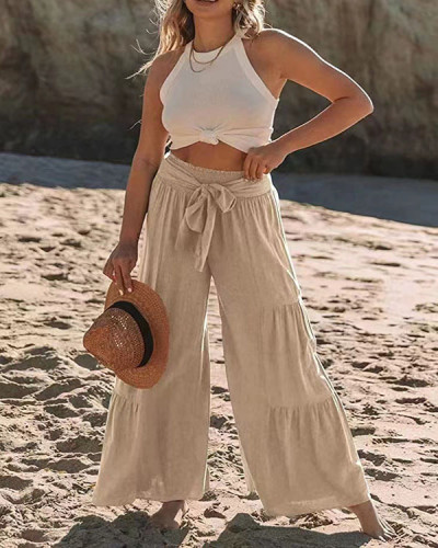 Casual Lace-up Paneled High-waisted Pleated Wide-leg Pants