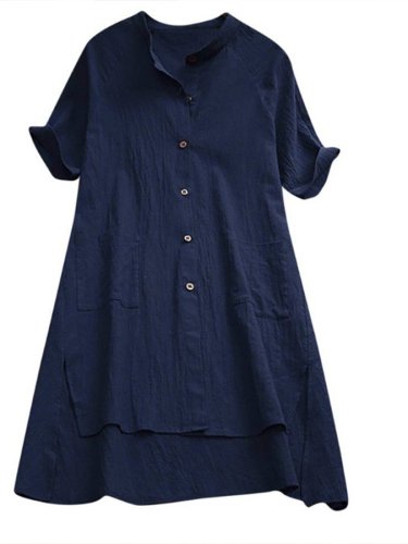 Women's Solid Button Short Sleeve Double Pocket Casual Shirt