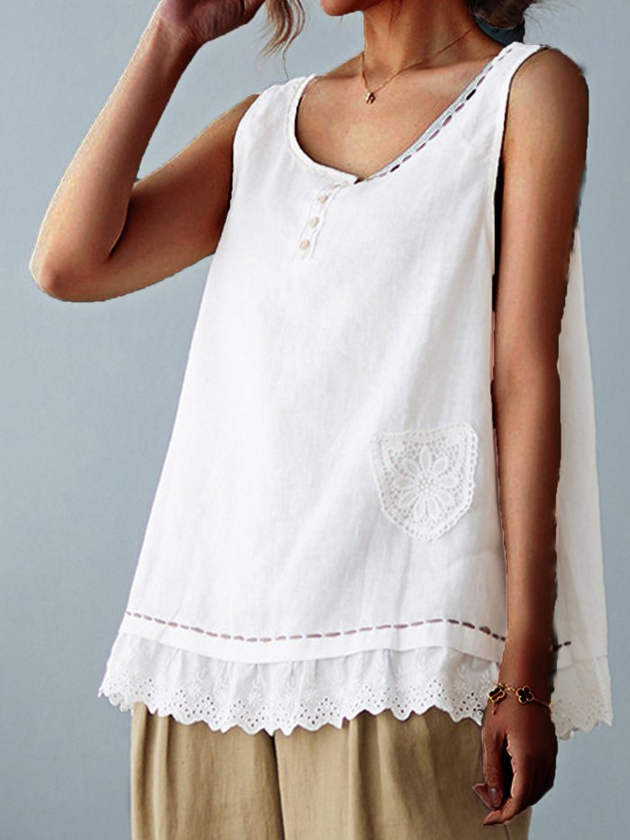 Women's Vintage Cotton Linen Solid Lace Loose T-shirt