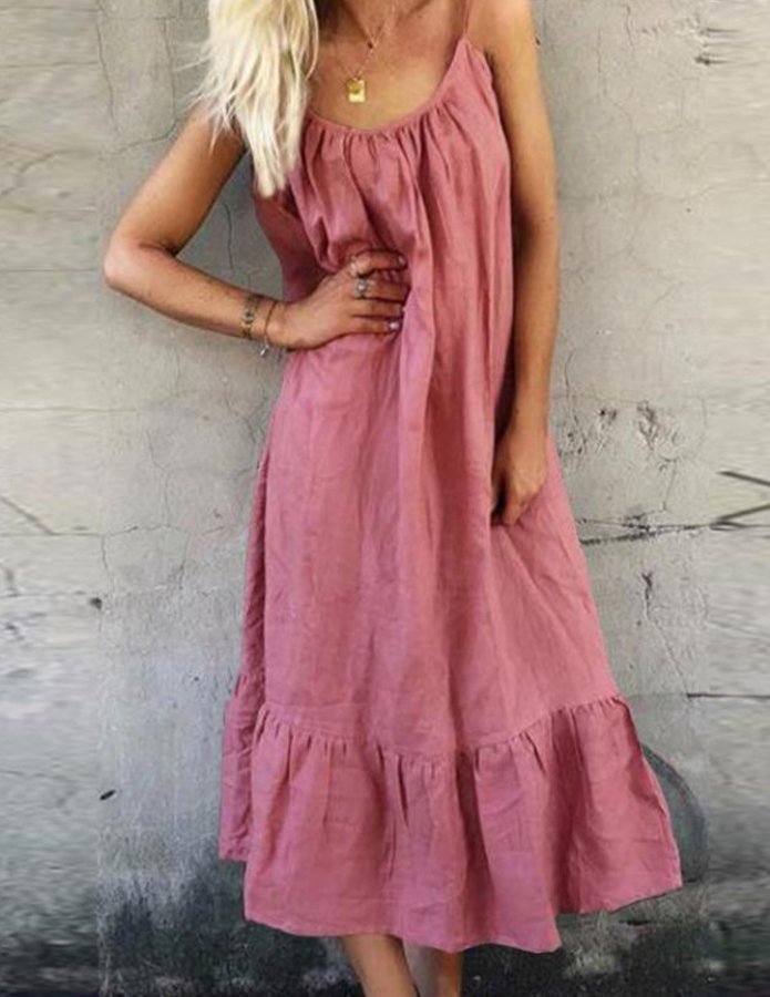 Women's Cotton Hemp Suspender Solid Color Ruffle Dress