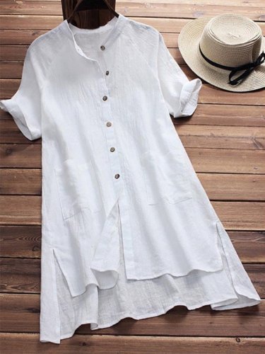 Women's Solid Button Short Sleeve Double Pocket Casual Shirt