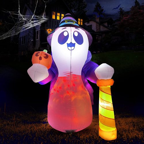 6 FT Tall Halloween Cute Wizard Ghost Inflatable with Flaming Light