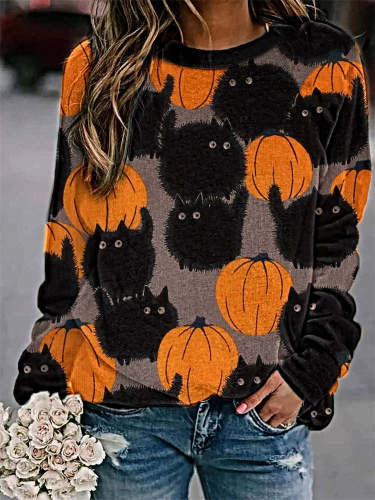 Lovely Black Cat & Pumpkin Graphic Sweatshirt