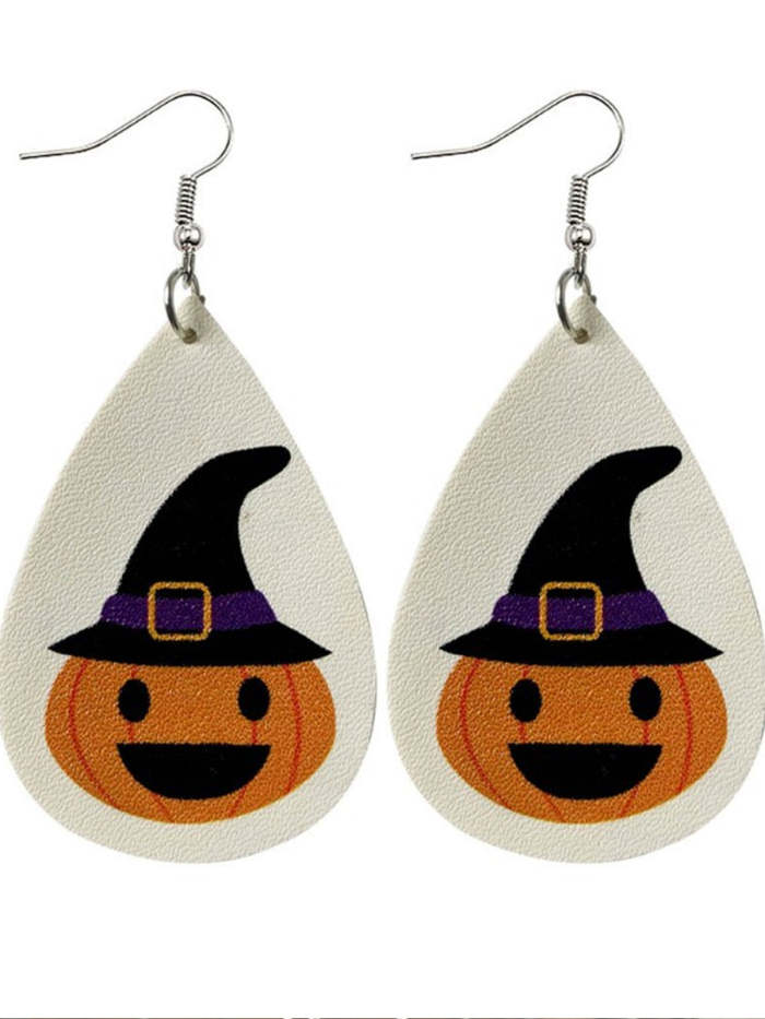 Halloween teardrop-shaped jack-o-lantern ghost skull print PU leather earrings