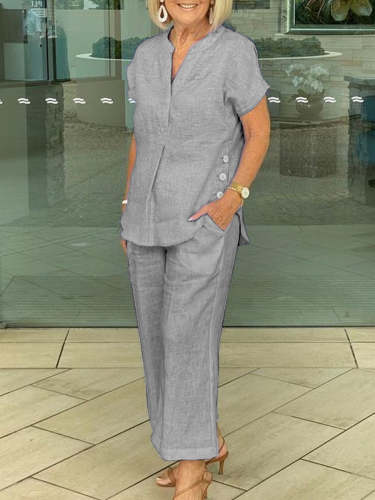 Women V Neck Simple Color Short Sleeve Suit