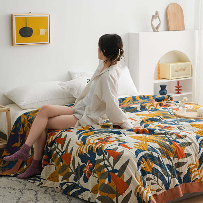 Simple Wind Summer Floral Nap 100% Cotton Sofa Blanket Quilt