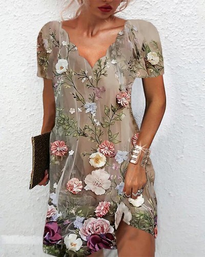 Ladies Floral Print V Neck Casual Holiday Dress