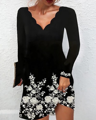 Ladies Floral Print V Neck Casual Long Sleeve Dress