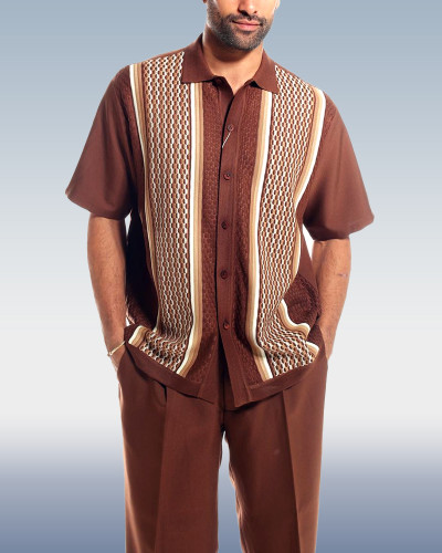 Brown Criss Cross Pattern Walking Suit Short Sleeve Set