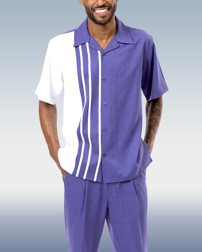 Purple Striped Color Block Walking Suit 2 Piece Short Sleeve Set