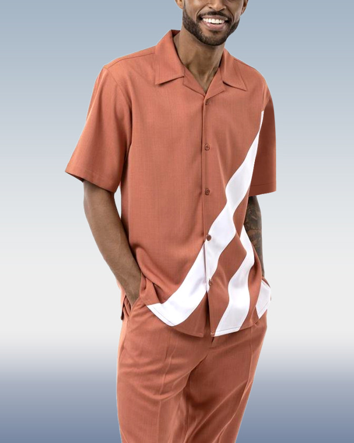 Diagonal Stripes Short Sleeve Trousers Two-Piece Walking Set