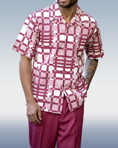 Men's 2 Piece Short Sleeve Walking Suit Windowpane Pattern in Raspberry