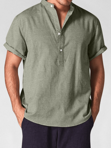 Men'S Breathable Cotton Linen Stand Collar Shirt