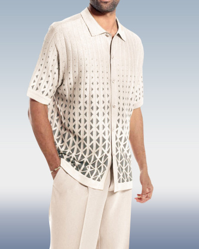 White Criss-Cross Pattern Walking Suit Short Sleeve Set