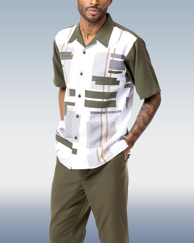 Olive Geometric Print Walking Suit 2 Piece Short Sleeve Set