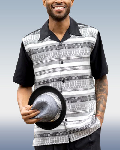 Black Horizontal Stripe Pattern Walking Suit 2 Piece Short Sleeve Set