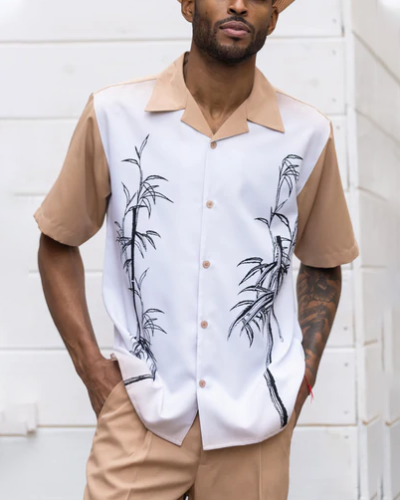Tan Tropical Print Walking Suit 2 Piece Short Sleeve Set