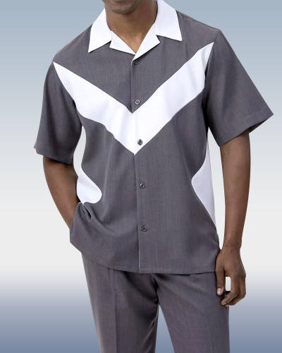 Men's 2 Piece Short Sleeve Walking Suit Chevron Color Block in Grey