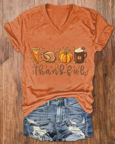 Women's Thankful Pumpkin Pie Thanksgiving Bible Turkey Leaves Fall Autumn Casual V-Neck Tee