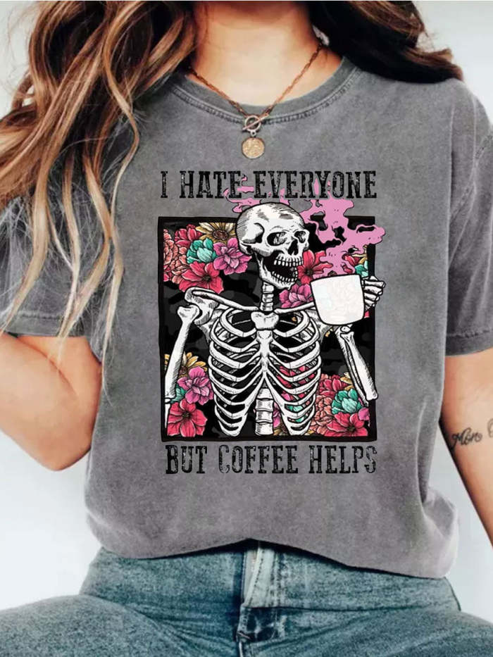 I Hate Everyone But Coffee Helps Skeleton Flower T-shirt
