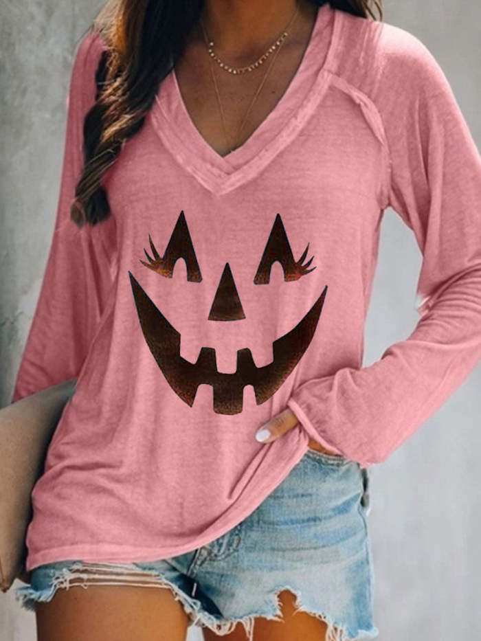Halloween Pumpkin V-neck Long Sleeve T-shirt