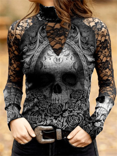 Vintage Skull Graphic Lace Patchwork T Shirt