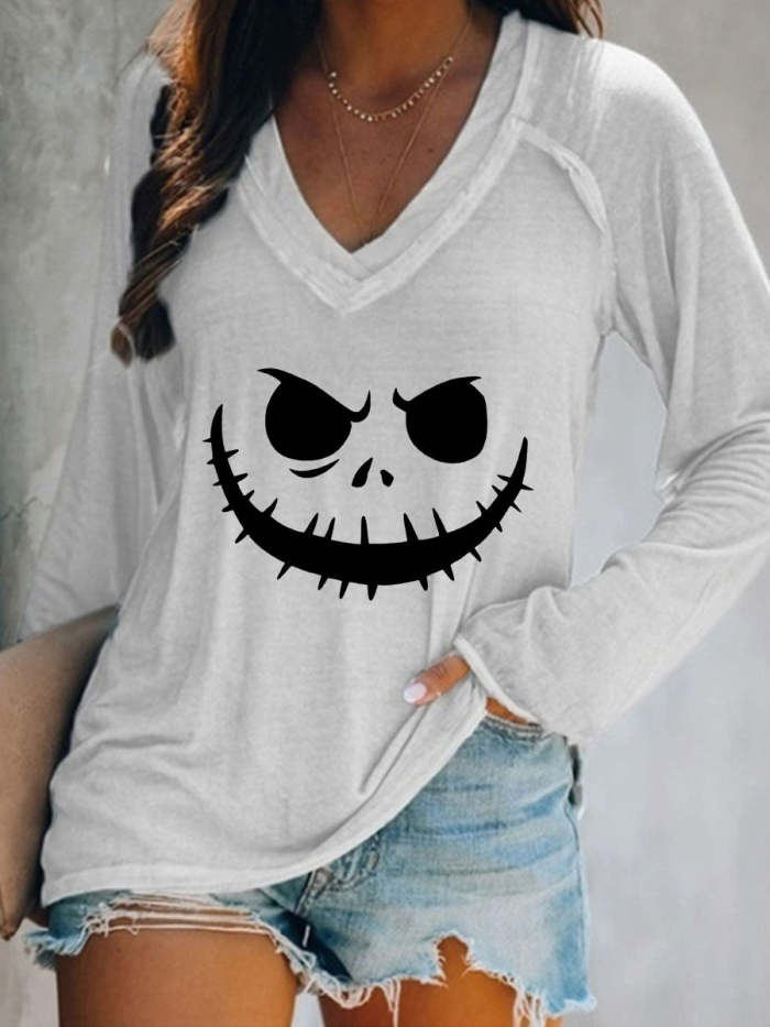 Halloween Pumpkin V-neck Long Sleeve T-shirt