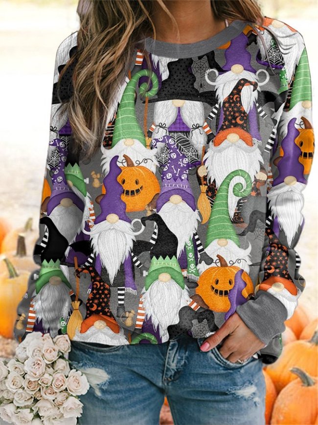 Women's Halloween Pumpkin Gnome Print Sweatshirt