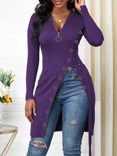 Women's V-Neck Long Sleeve High Slit Thread Zip T-Shirt Casual Top
